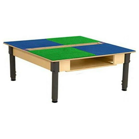 Time-2-Play Square Play Table with Trough, Shelf & Adjustable 12-17 in. Legs & Duplo Compatible Grid, Blue & Green