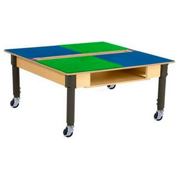 Time-2-Play Square Play Table with Trough, Shelf & Adjustable 12-17 in. Legs & Duplo Compatible Grid, Blue & Green
