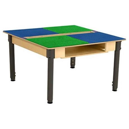 Time-2-Play Square Play Table with Trough, Shelf & Adjustable 18-29 in. Legs & Duplo Compatible Grid, Blue & Green