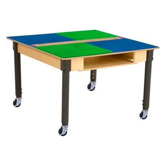 Time-2-Play  Square Play Table with Trough, Shelf & Adjustable 18-29 in. Legs & Duplo Compatible Grid - Locking Casters, Blue & Green