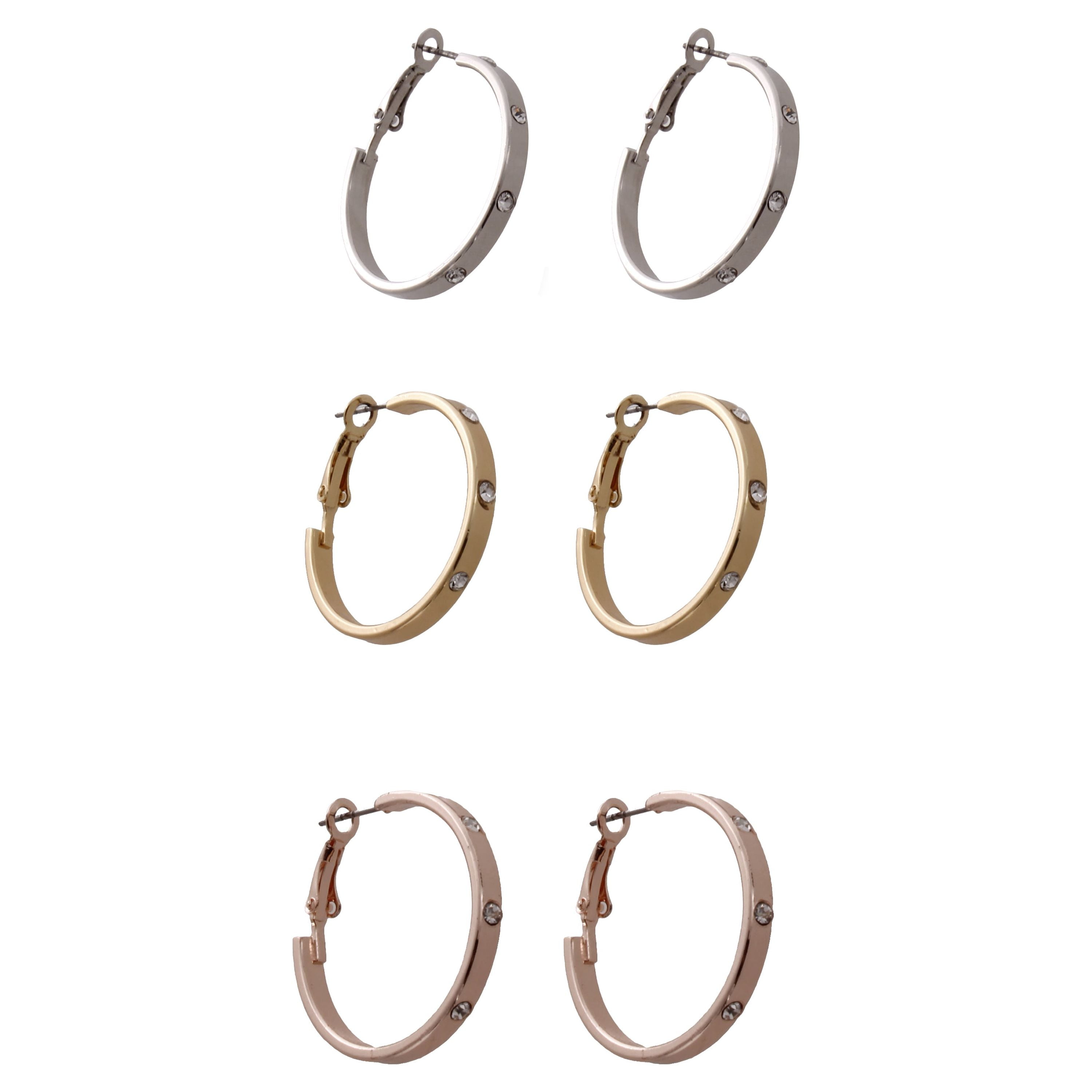 TIME AND TRU 3 Pair Silver, Gold, and Rose Gold Tone Hoop Earring Set