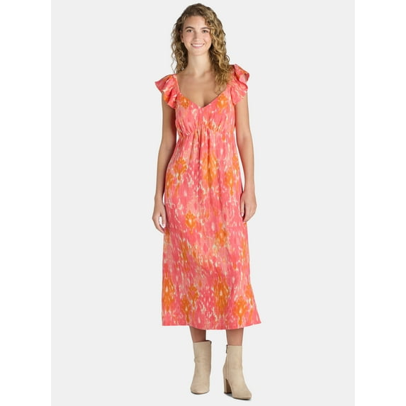 Time And Tru Women's and Women's Plus Midi Dress with Flutter Sleeves, Sizes XS-4X