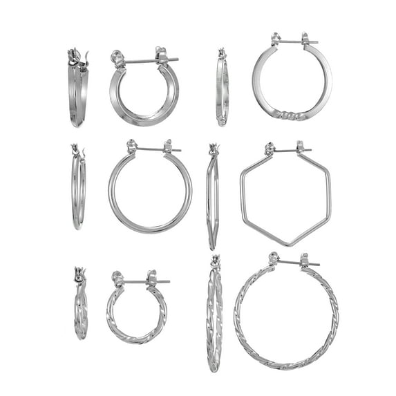 Time And Tru Essentials Multi Ear Silver Hoop Earrings, 6 Pack