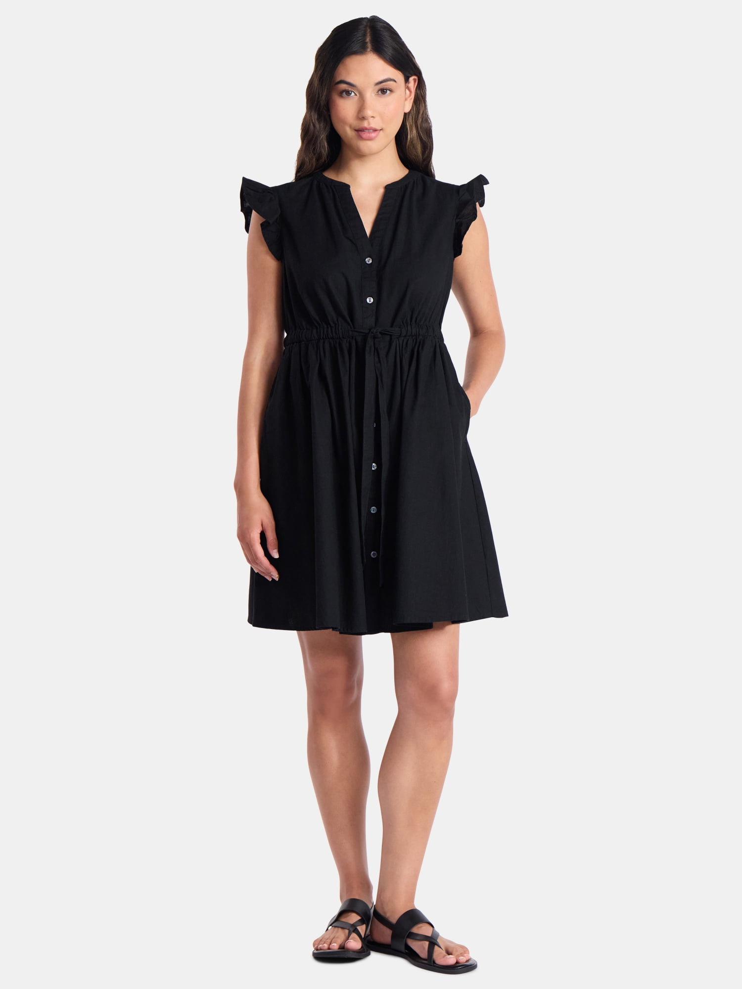 Women's and Women's Plus Button Front Cotton Mini Dress with Flutter Sleeves, Sizes XS-4X