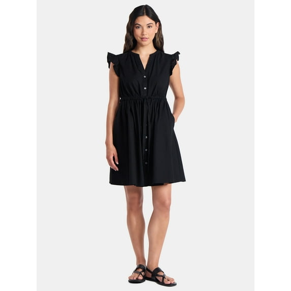 Time and Tru Women's and Women's Plus Button Front Cotton Mini Dress with Flutter Sleeves, Sizes XS-4X