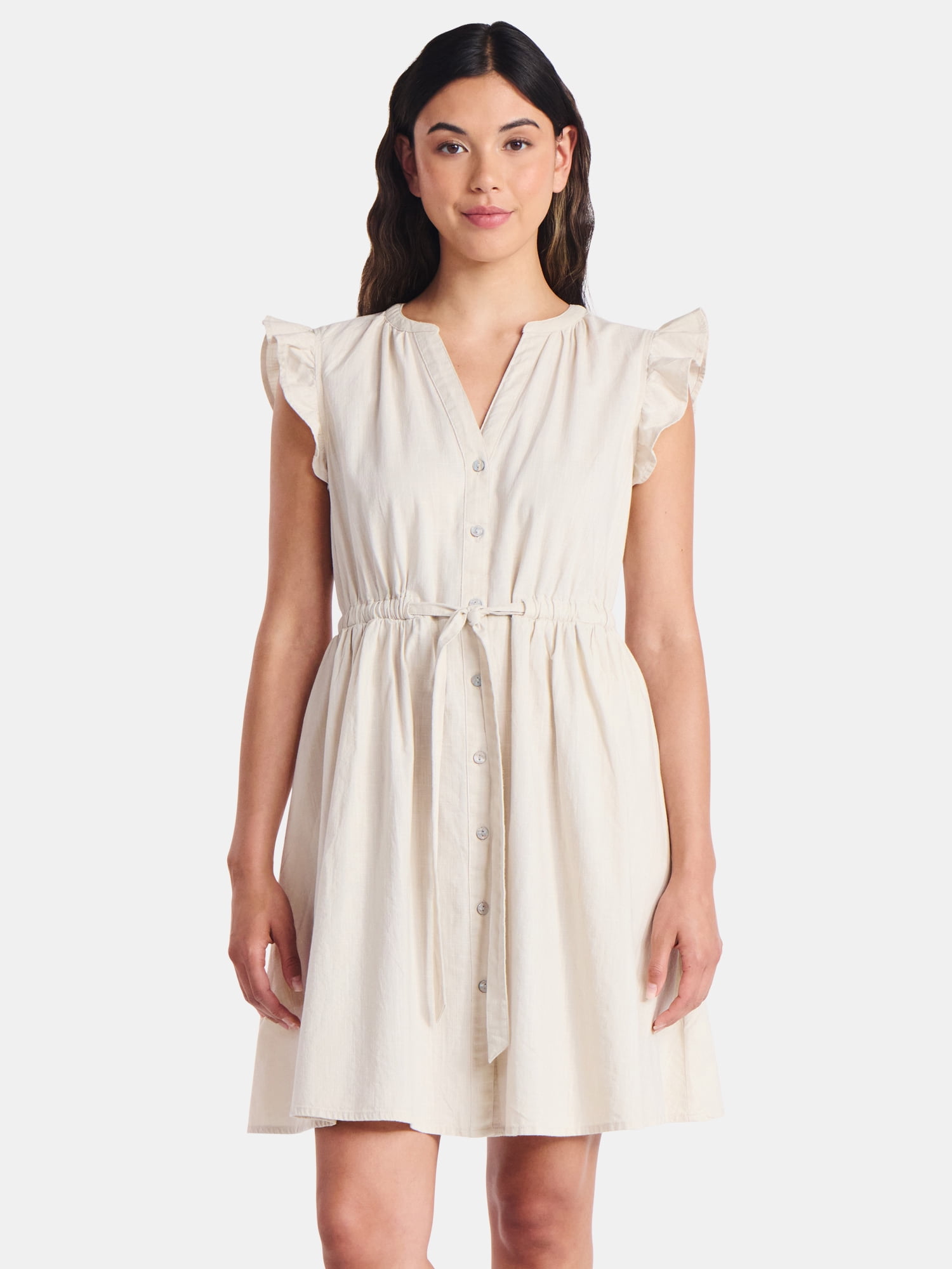 Time and Tru Women's and Women's Plus Button Front Cotton Mini Dress with Flutter Sleeves, Sizes XS-4X