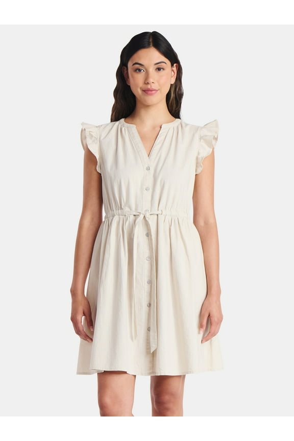 Women's and Women's Plus Button Front Cotton Mini Dress with Flutter Sleeves, Sizes XS-4X