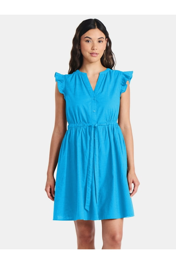 Women's and Women's Plus Button Front Cotton Mini Dress with Flutter Sleeves, Sizes XS-4X