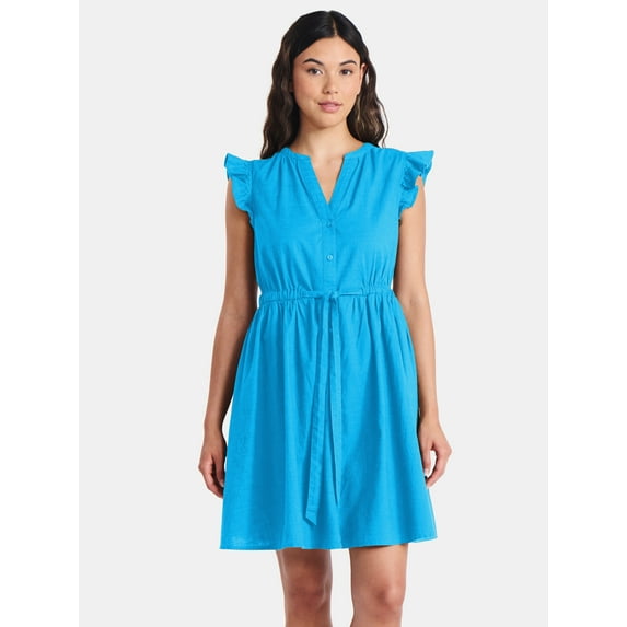 Time and Tru Women's and Women's Plus Button Front Cotton Mini Dress with Flutter Sleeves, Sizes XS-4X