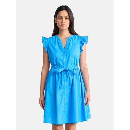 Time and Tru Women's and Women's Plus Button Front Cotton Mini Dress with Flutter Sleeves, Sizes XS-4X