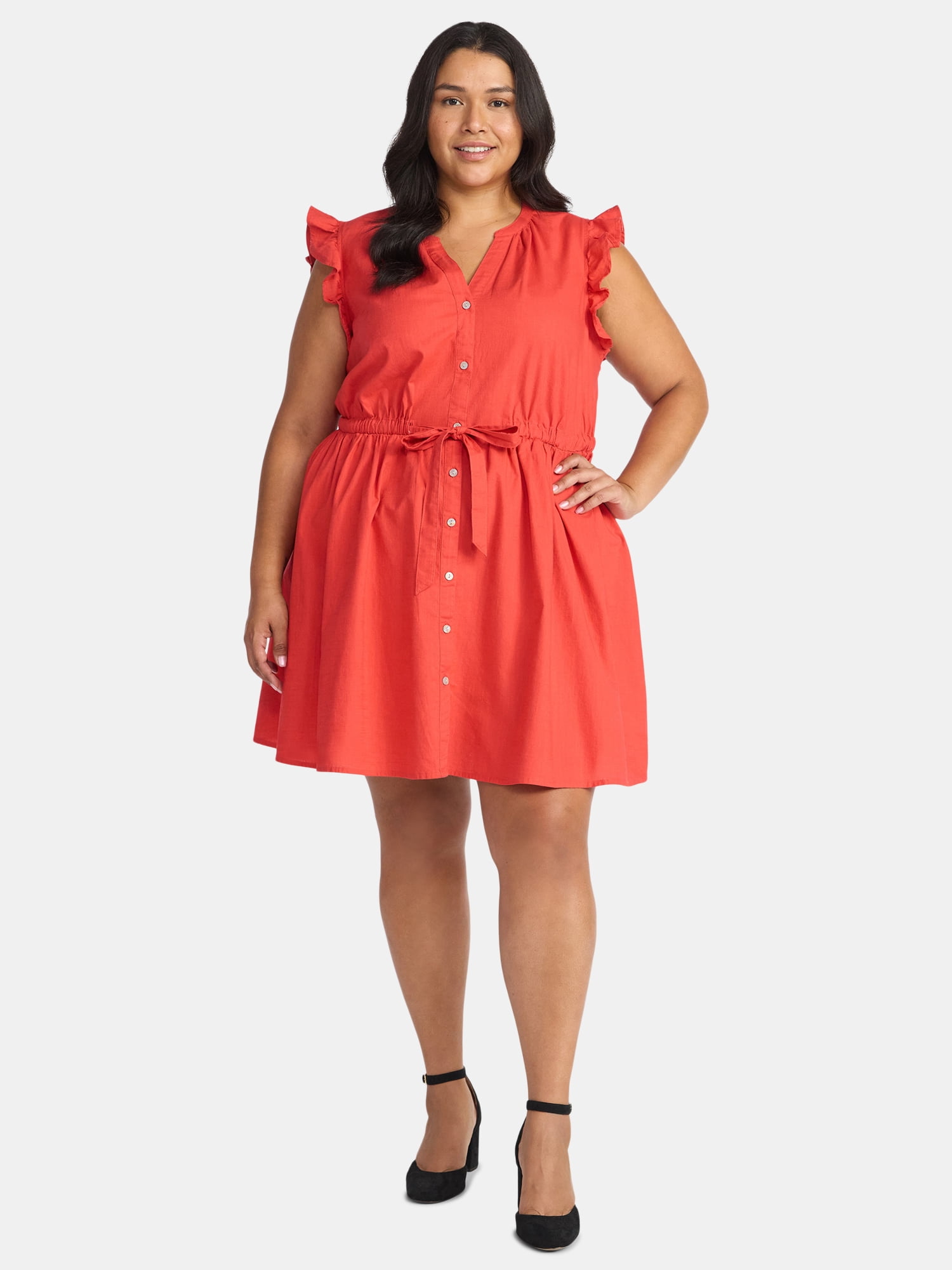 Time and Tru Women's and Women's Plus Button Front Cotton Mini Dress with Flutter Sleeves, Sizes XS-4X