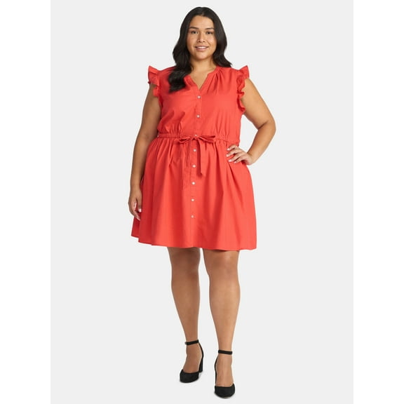 Time and Tru Women's and Women's Plus Button Front Cotton Mini Dress with Flutter Sleeves, Sizes XS-4X