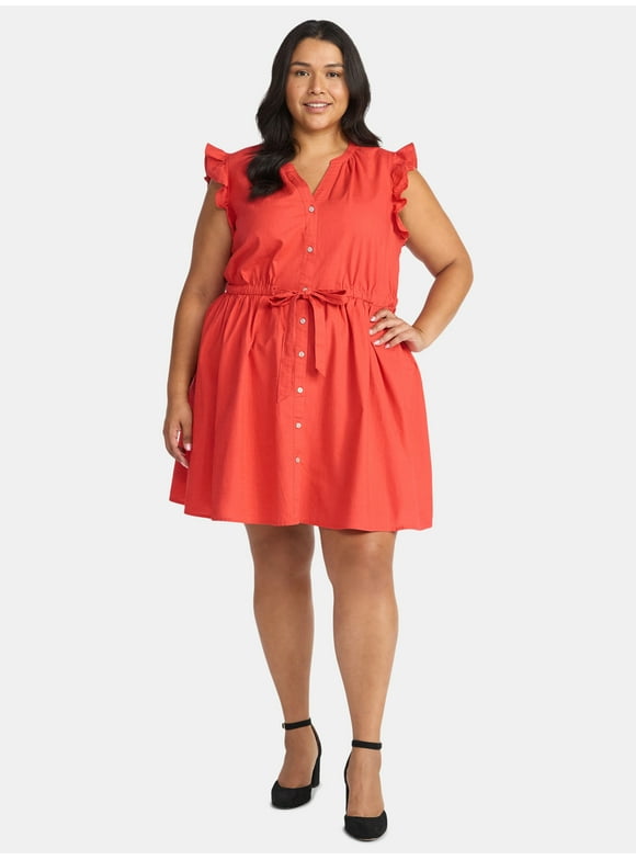 Women's and Women's Plus Button Front Cotton Mini Dress with Flutter Sleeves, Sizes XS-4X