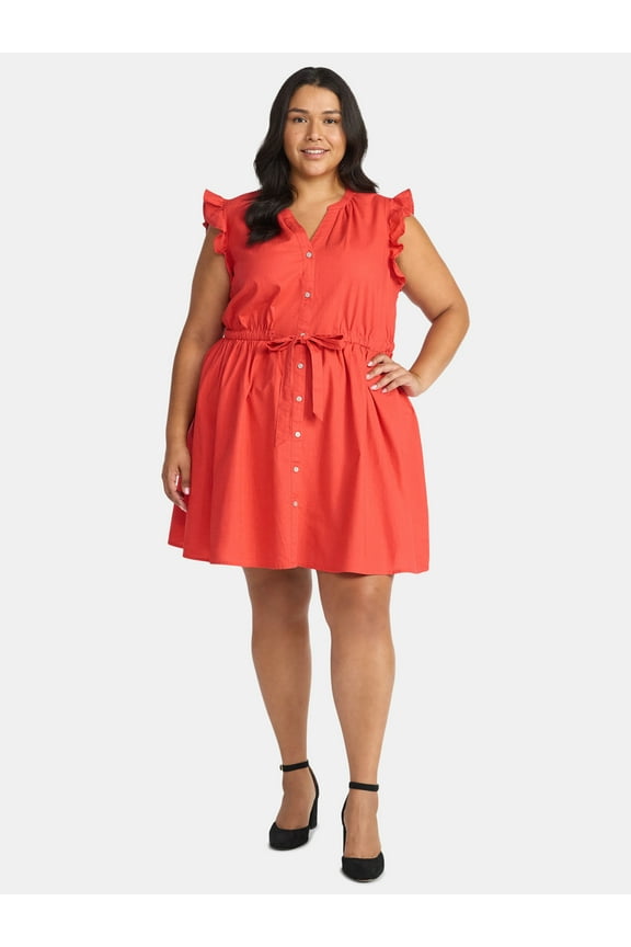 Women's and Women's Plus Button Front Cotton Mini Dress with Flutter Sleeves, Sizes XS-4X