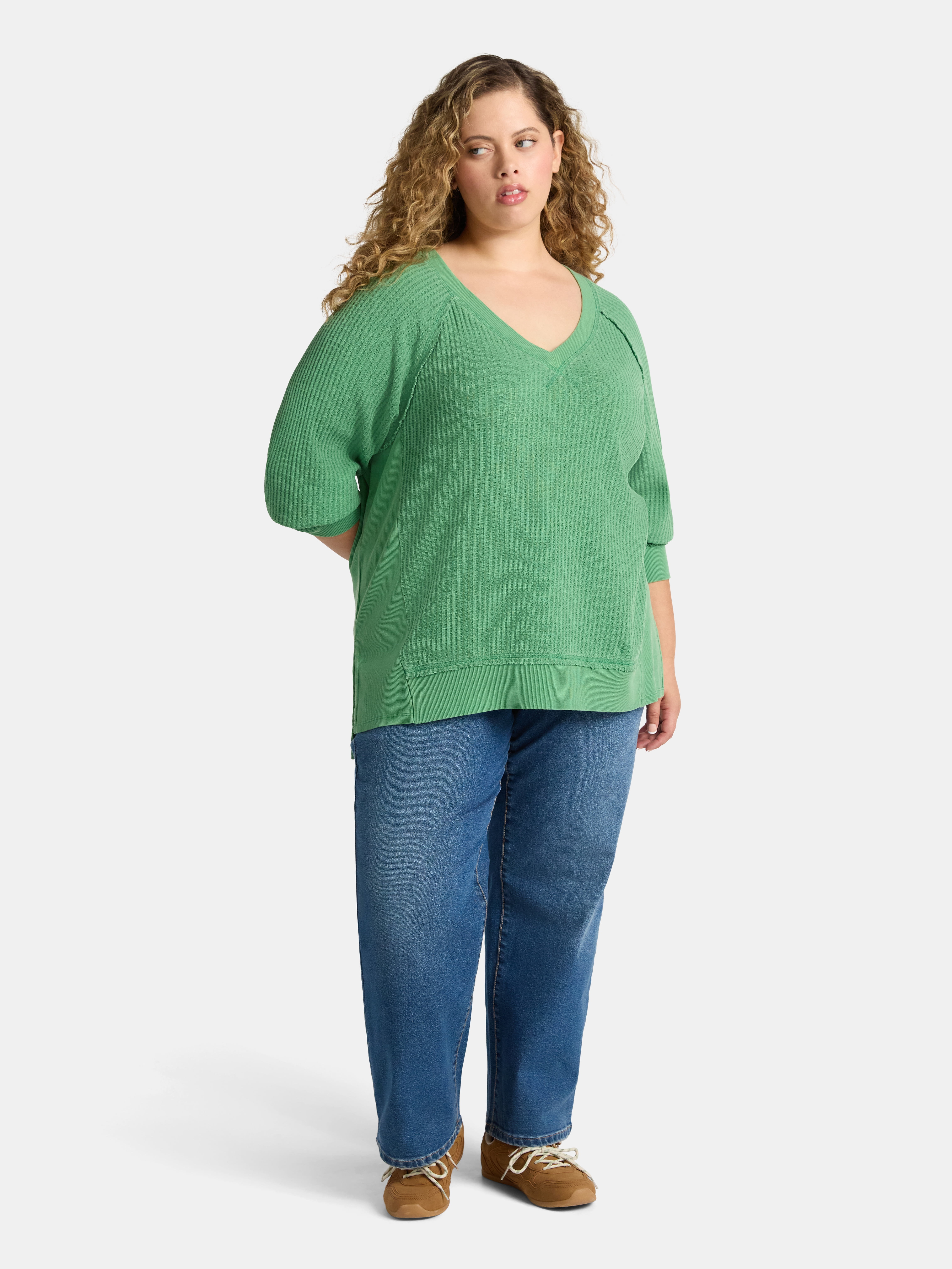 Time and Tru Women's and Women's Plus V Neck Tunic Sweatshirt with Long Sleeves, Sizes XS-4X