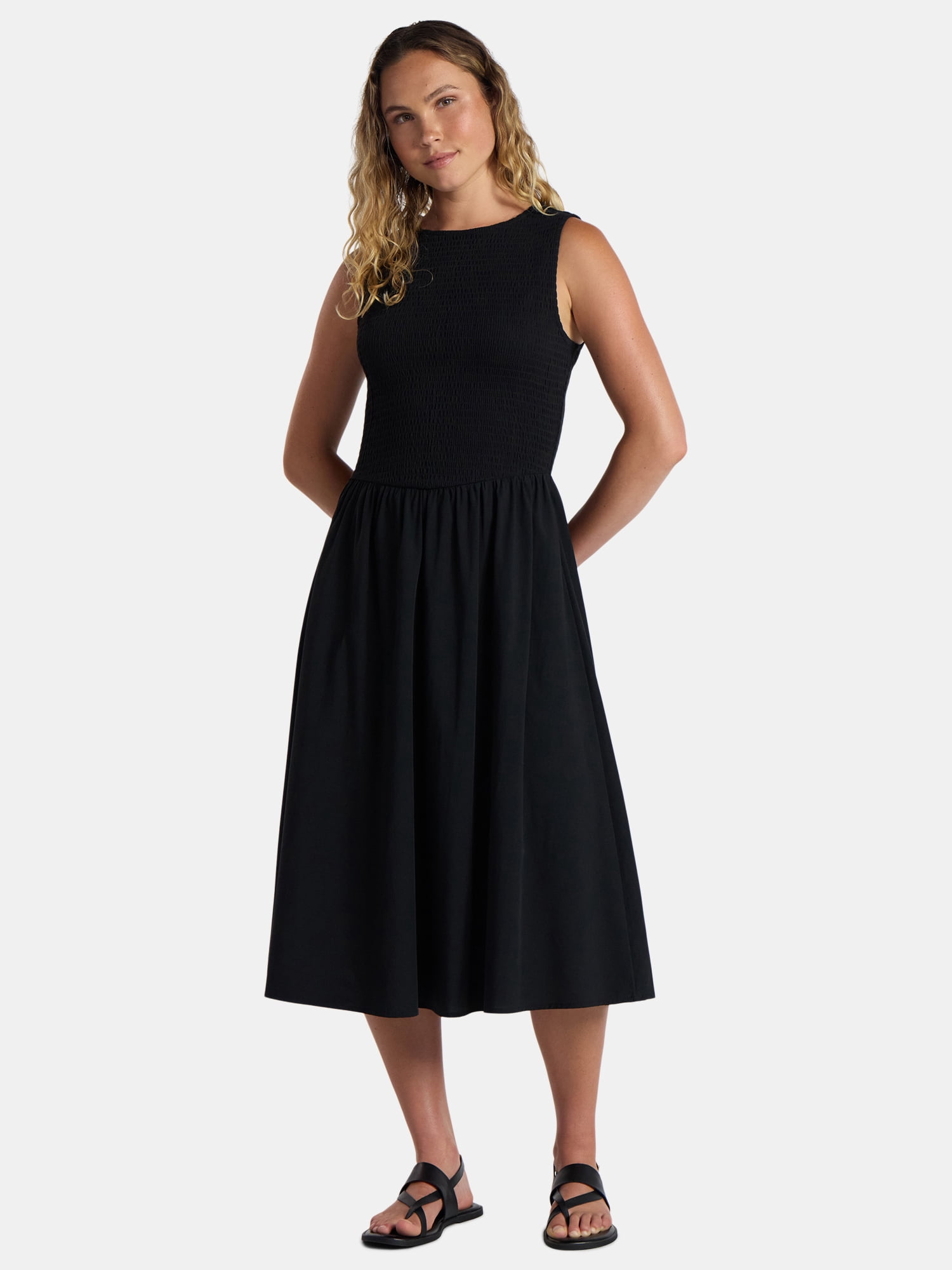 Time And Tru Women's Smocked Woven Midi Dress, Sizes XS-3XL