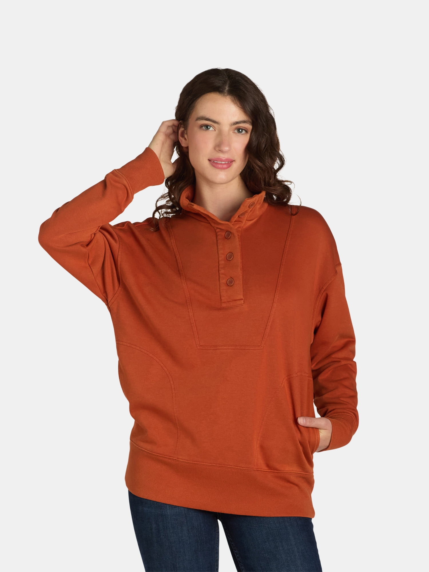 Women's Mock Neck Sweatshirt with Button Placket, Sizes XS-XXXL