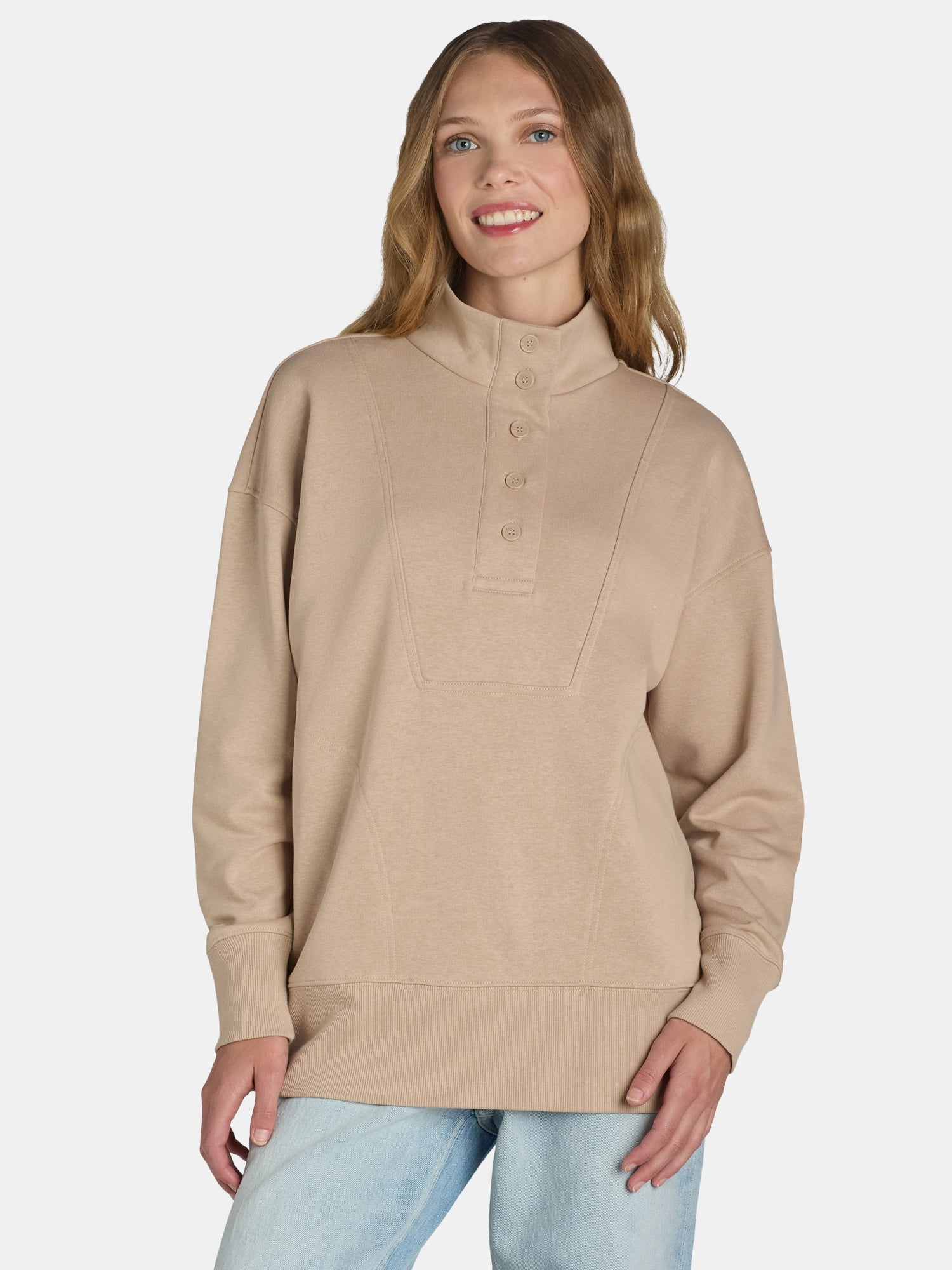Time and Tru Women's Mock Neck Sweatshirt with Button Placket, Sizes XS-XXXL