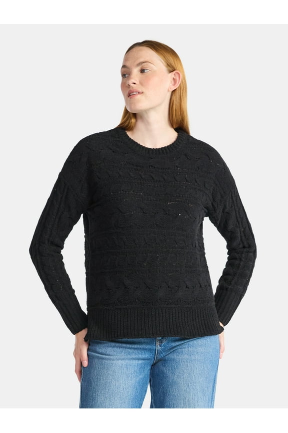 Women's Chenille Cable Knit Crewneck Sweater, Midweight, Sizes XS-XXXL
