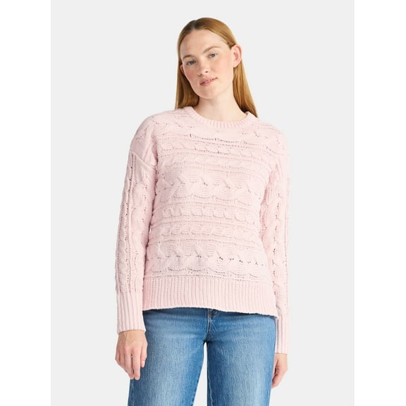 Time and Tru Women's Chenille Cable Knit Crewneck Sweater, Midweight, Sizes XS-XXXL