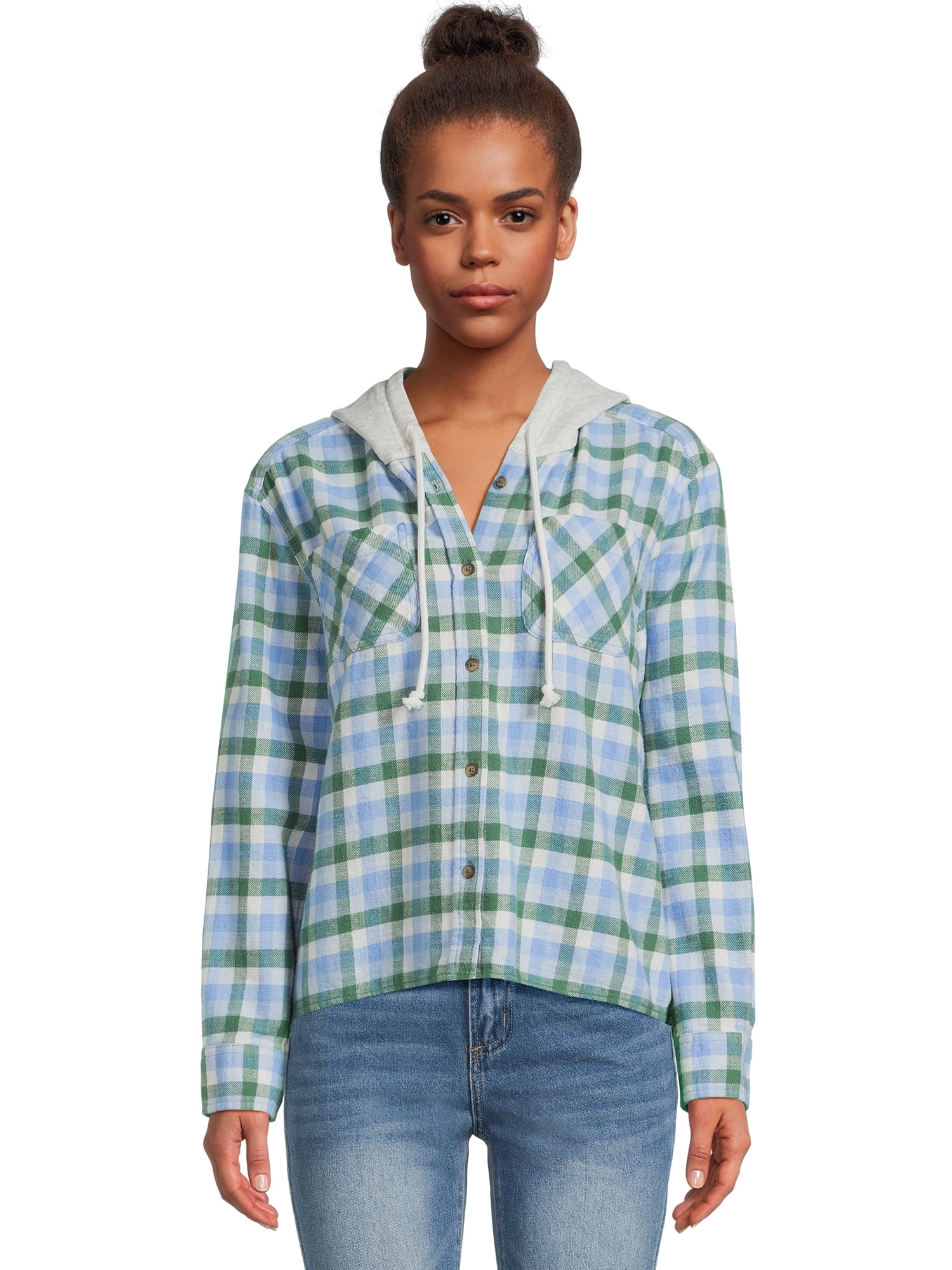 Time and Tru Women s Crop Hooded Flannel Shirt Walmart