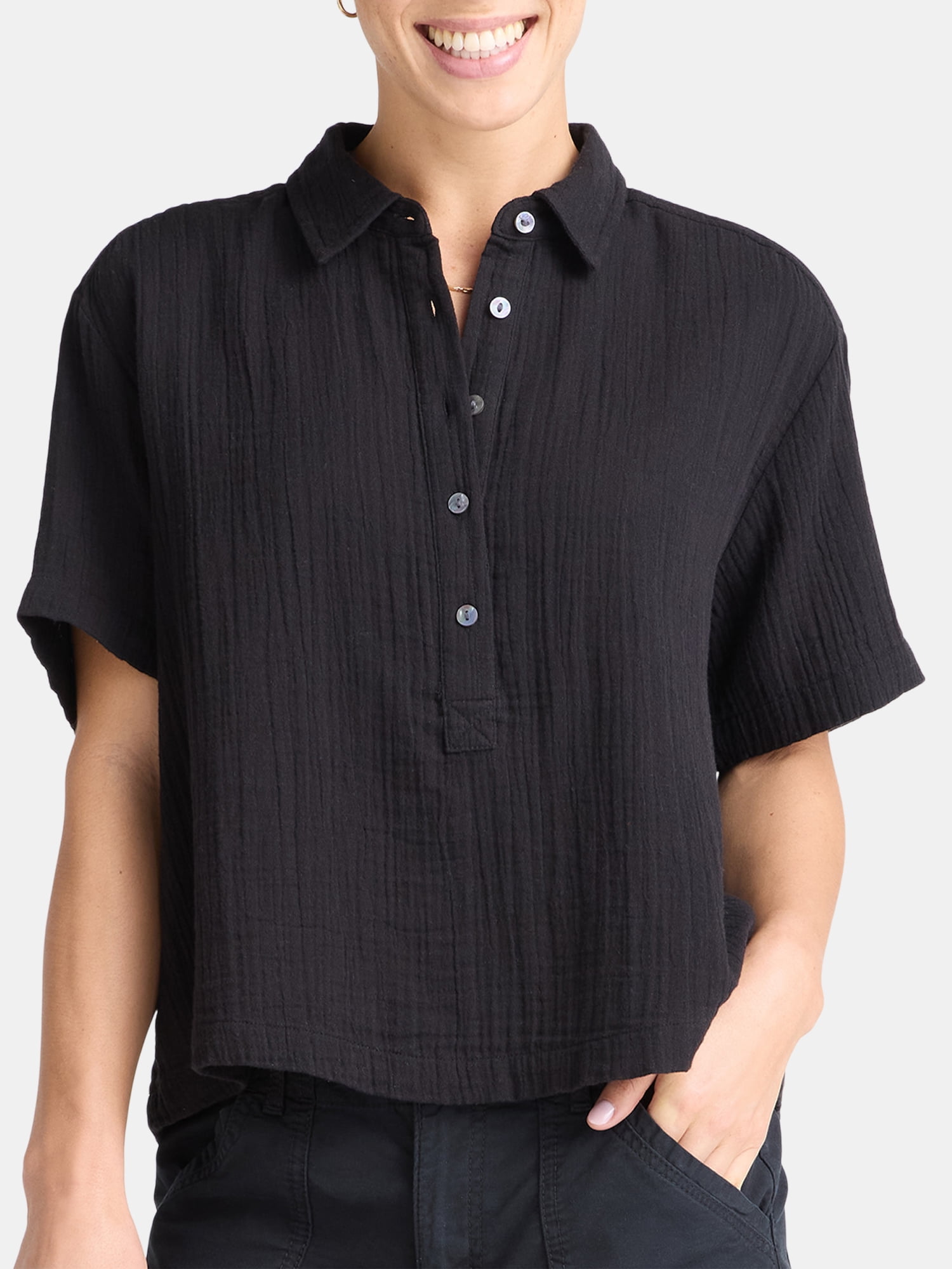 Time and Tru Women's Cotton Double Cloth Cropped Shirt, Size XS-XXXL