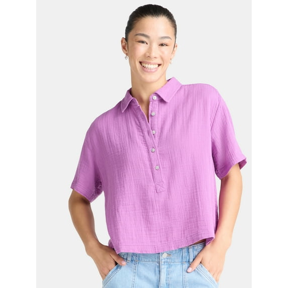 Time and Tru Women's Cotton Double Cloth Cropped Shirt, Size XS-XXXL