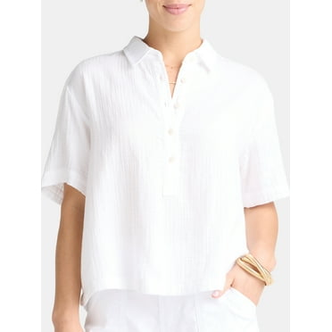 Time and Tru Women's Cotton Double Cloth Cropped Shirt, Size XS-XXXL