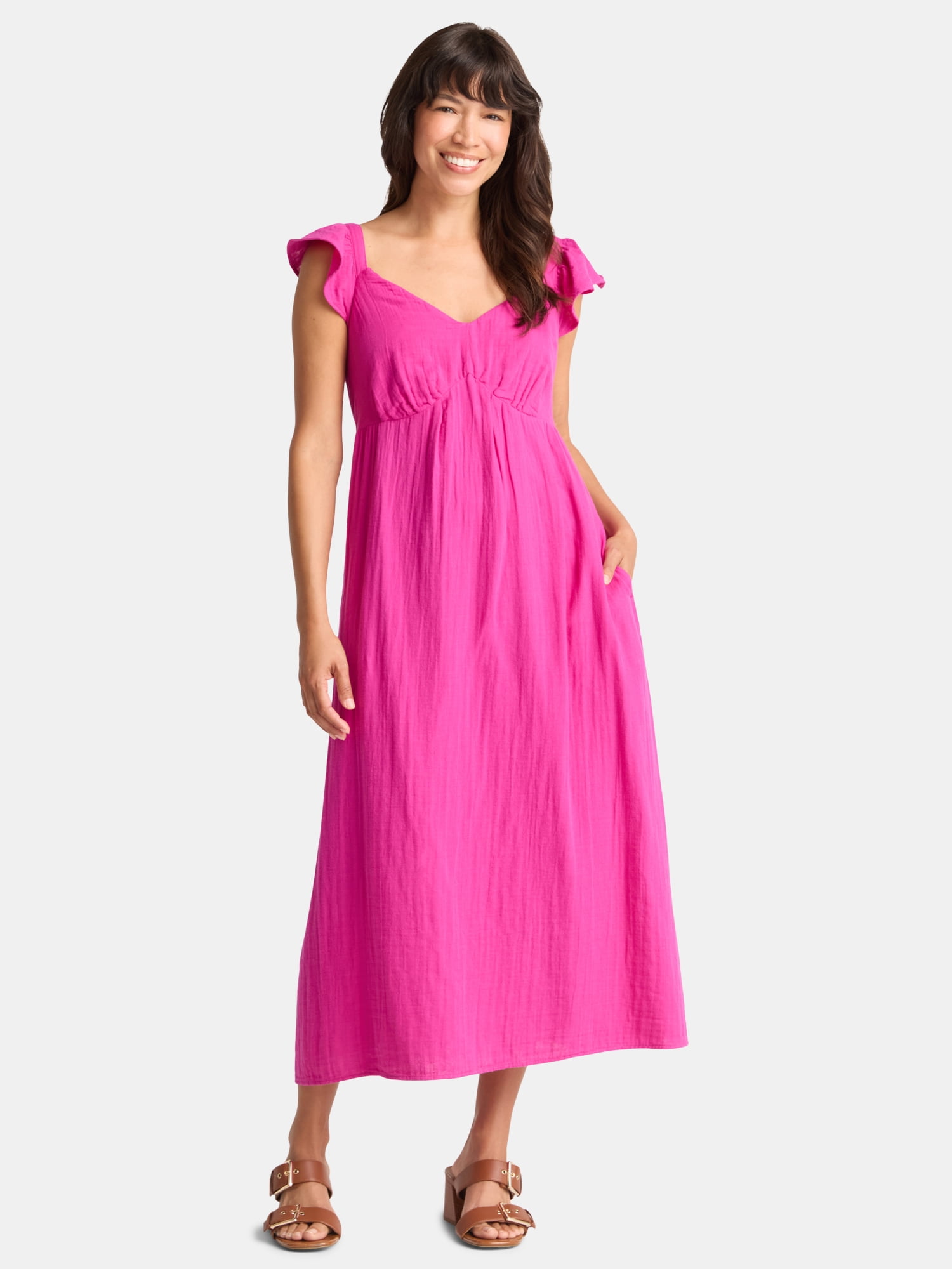 Women's Cotton Midi Dress with Flutter Sleeves, Sizes XS-XXXL