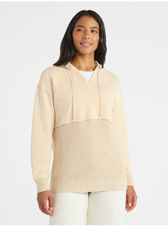 Women's and Women's Plus Fashion Mixed Media Hoodie, Sizes XS-4X