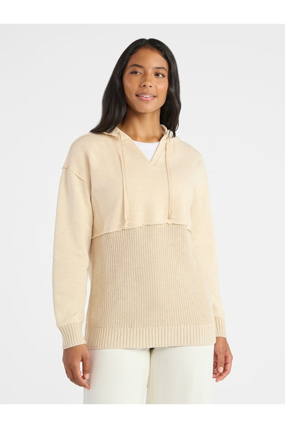 Women's and Women's Plus Fashion Mixed Media Hoodie, Sizes XS-4X