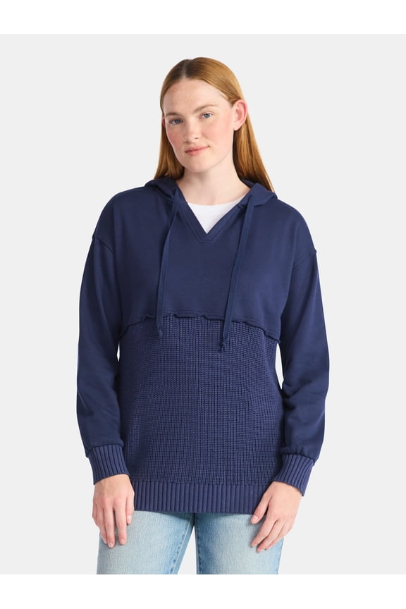 Women's and Women's Plus Fashion Mixed Media Hoodie, Sizes XS-4X