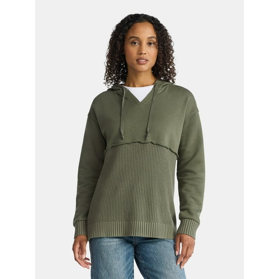 Time and Tru Women's and Women's Plus Fashion Mixed Media Hoodie, Sizes XS-4X