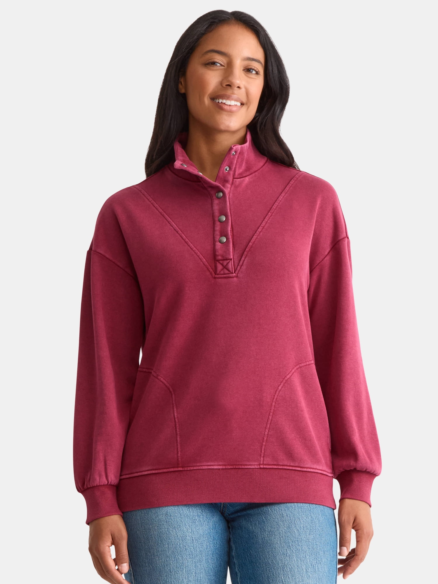 Time and Tru Women's Fashion Terry Snap Sweatshirt, Sizes XS-XXXL