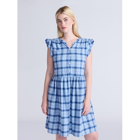 Time and Tru Women's Cotton Mini Dress with Flutter Sleeves, Sizes XS-XXXL