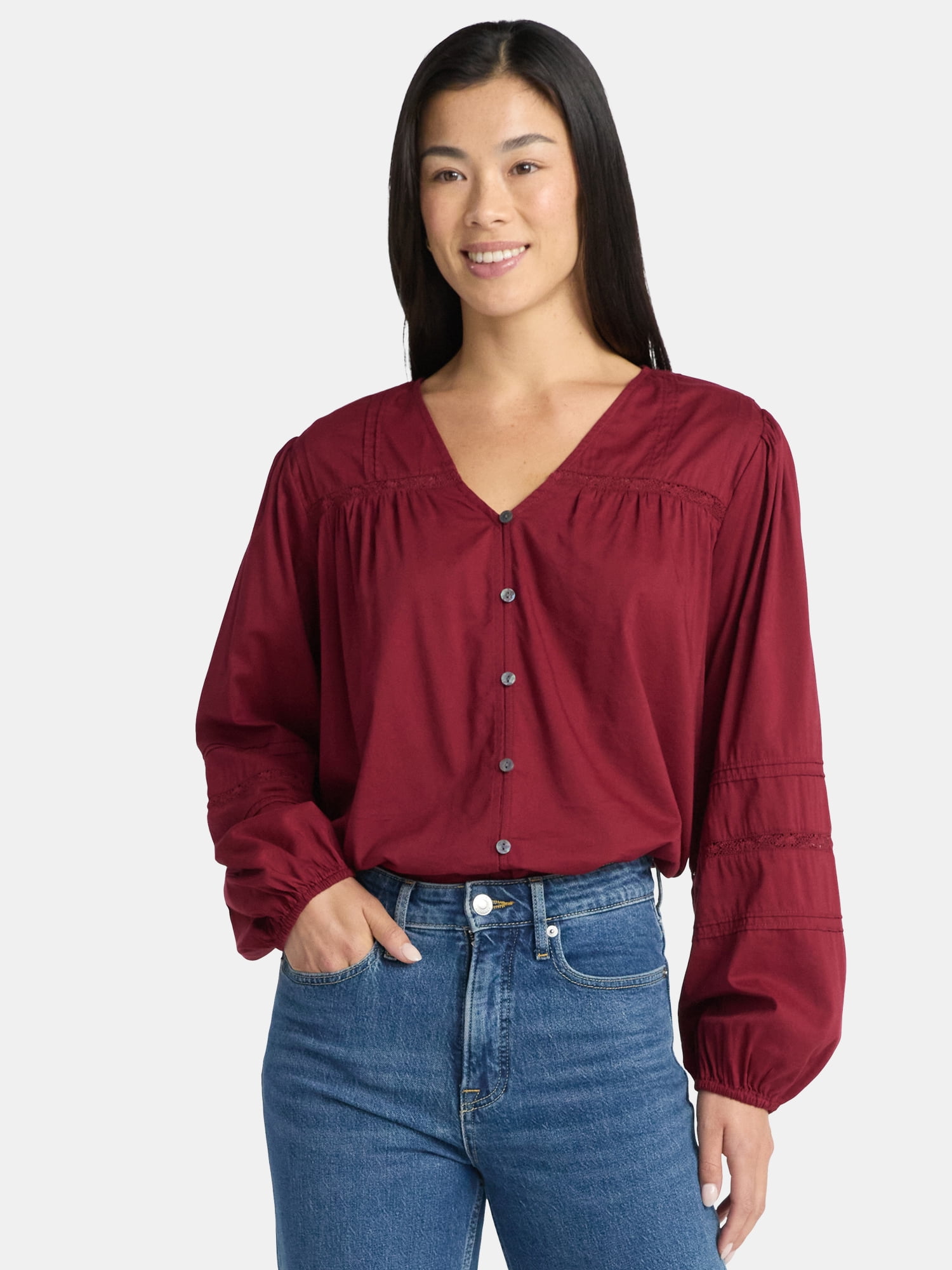 Time and Tru Women's Lace Inset Blouse with Long Sleeves, Sizes XS-XXXL