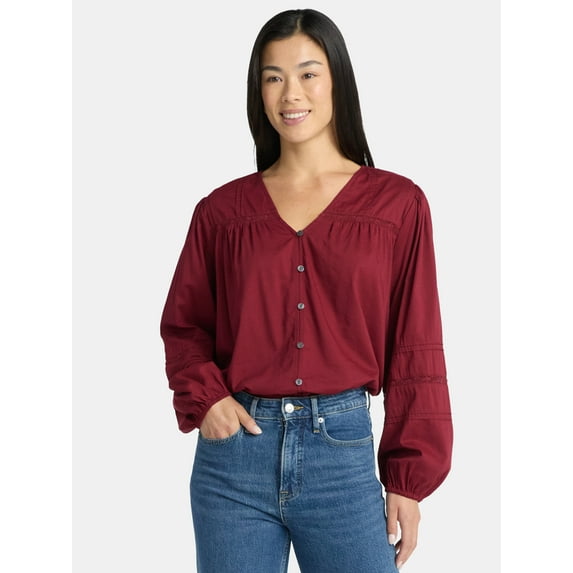 Time and Tru Women's Lace Inset Blouse with Long Sleeves, Sizes XS-XXXL