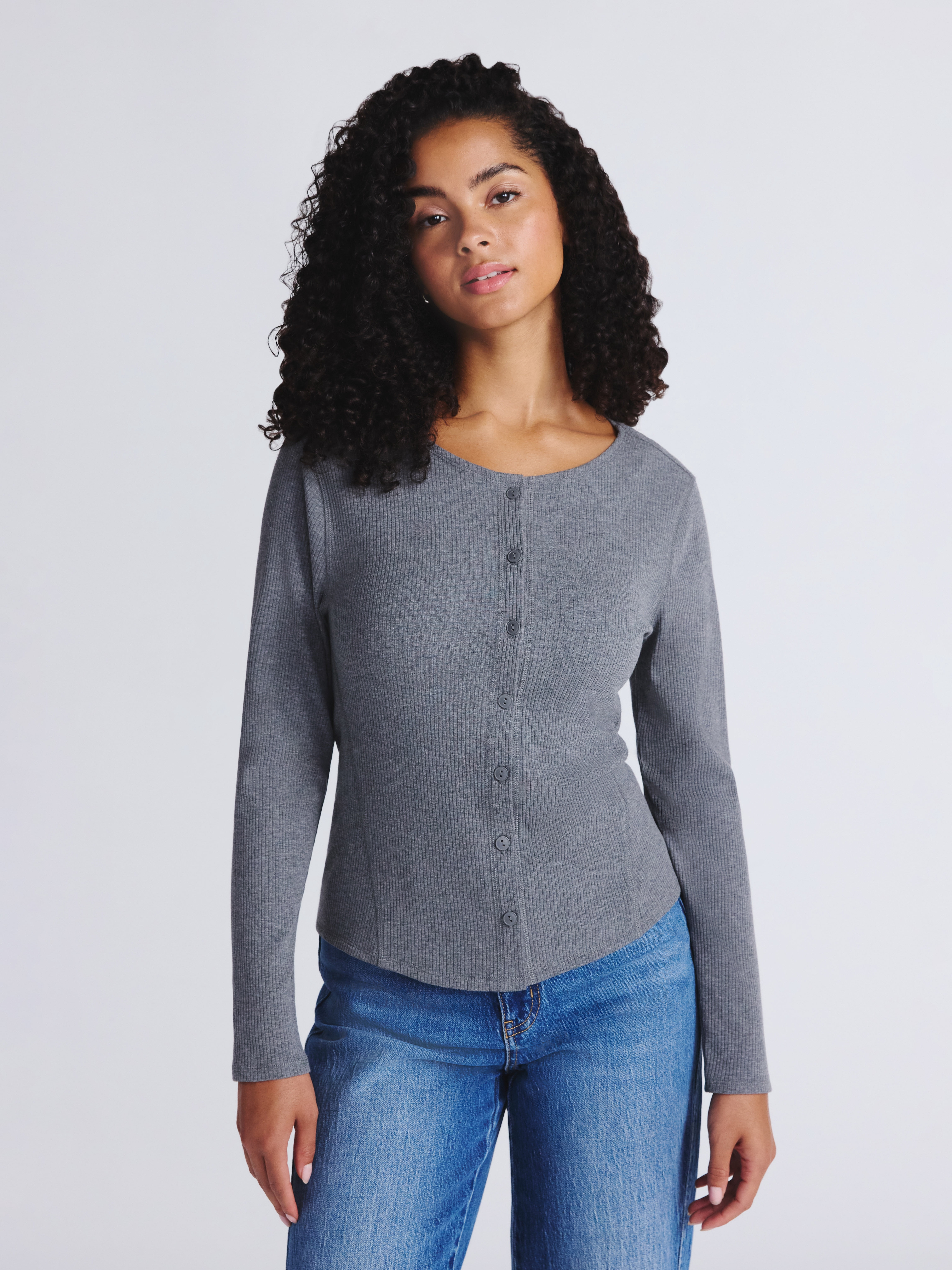 Time and Tru Women's Ribbed Knit Button Front Top with Long Sleeves, Sizes XS-XXXL