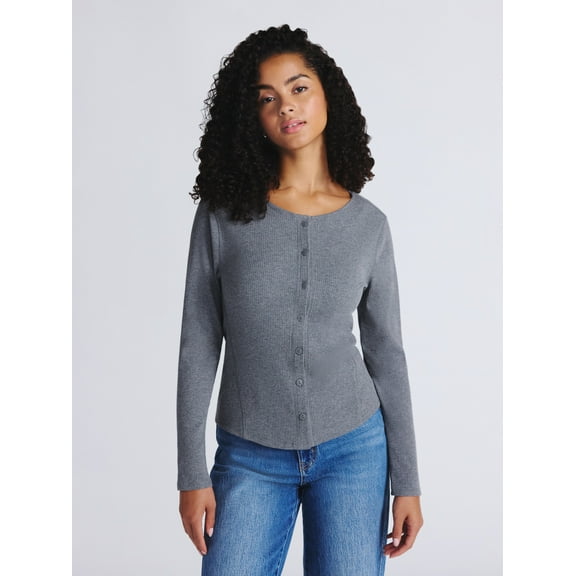 Time and Tru Women's Ribbed Knit Button Front Top with Long Sleeves, Sizes XS-XXXL
