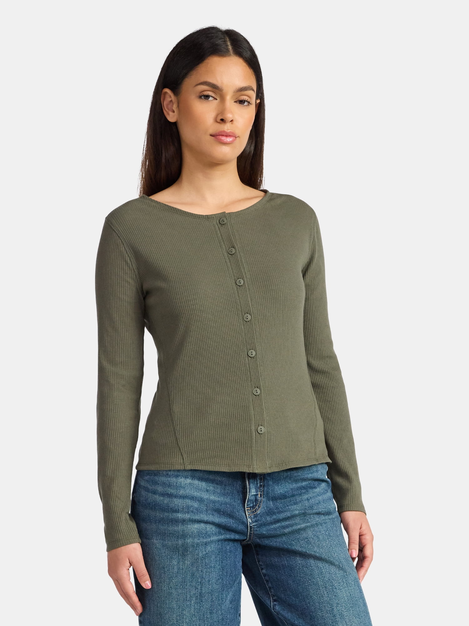 Time and Tru Women's Ribbed Knit Button Front Top with Long Sleeves, Sizes XS-XXXL