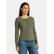 TIME AND TRU Women's Ribbed Knit Button Front Top with Long Sleeves, Sizes XS-XXXL