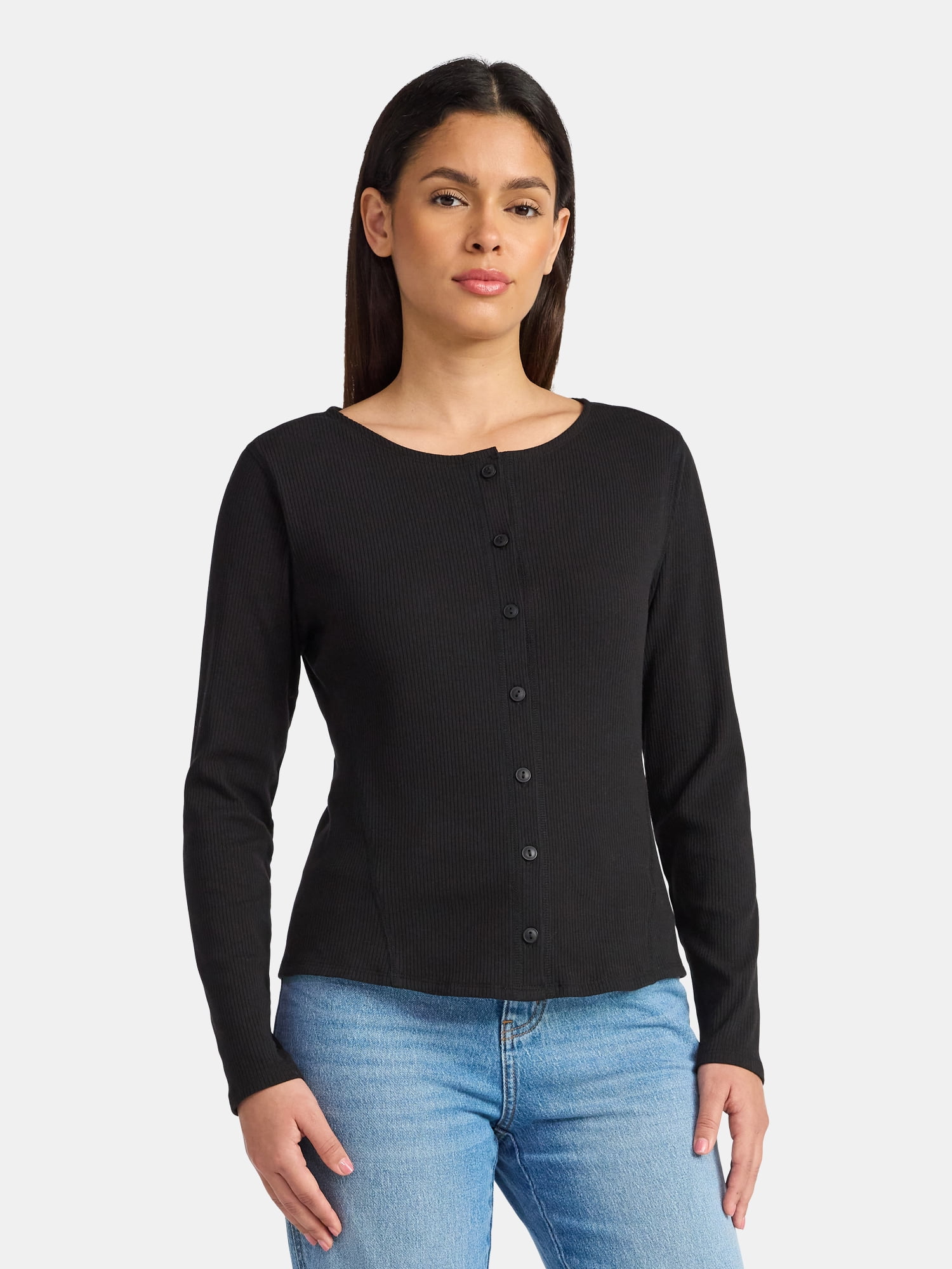 Time and Tru Women's Ribbed Knit Button Front Top with Long Sleeves, Sizes XS-XXXL