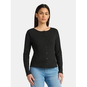 TIME AND TRU Women's Ribbed Knit Button Front Top with Long Sleeves, Sizes XS-XXXL
