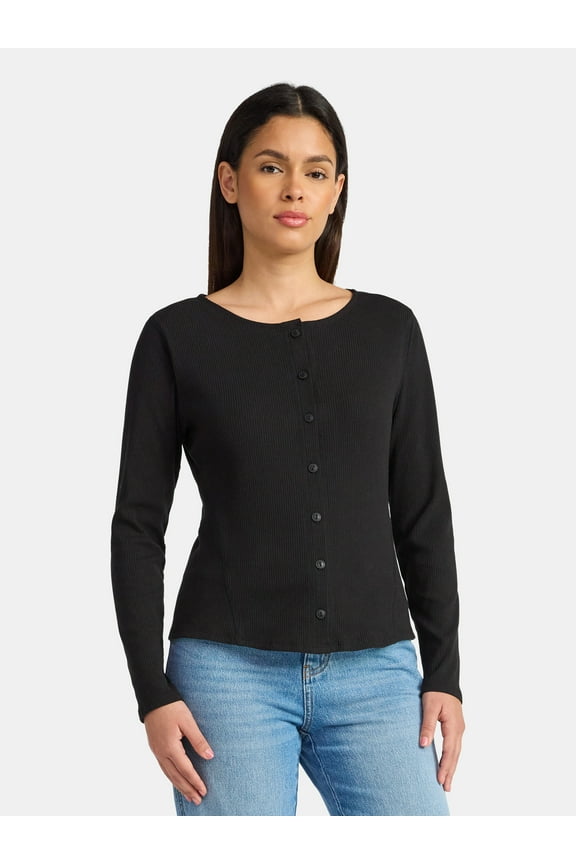 Women's Ribbed Knit Button Front Top with Long Sleeves, Sizes XS-XXXL