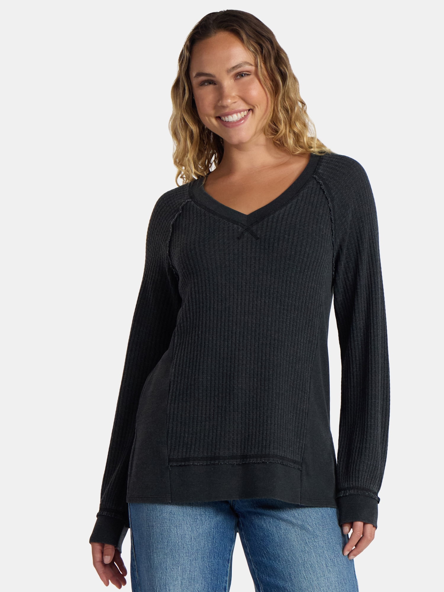 Time and Tru Women's and Women's Plus V Neck Tunic Sweatshirt with Long Sleeves, Sizes XS-4X