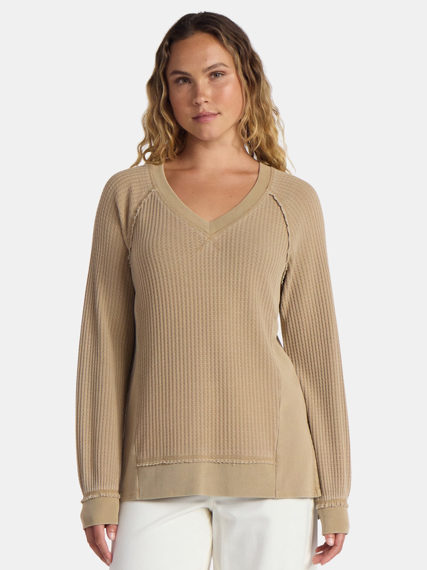 Time and Tru Women's and Women's Plus V Neck Tunic Sweatshirt with Long Sleeves, Sizes XS-4X