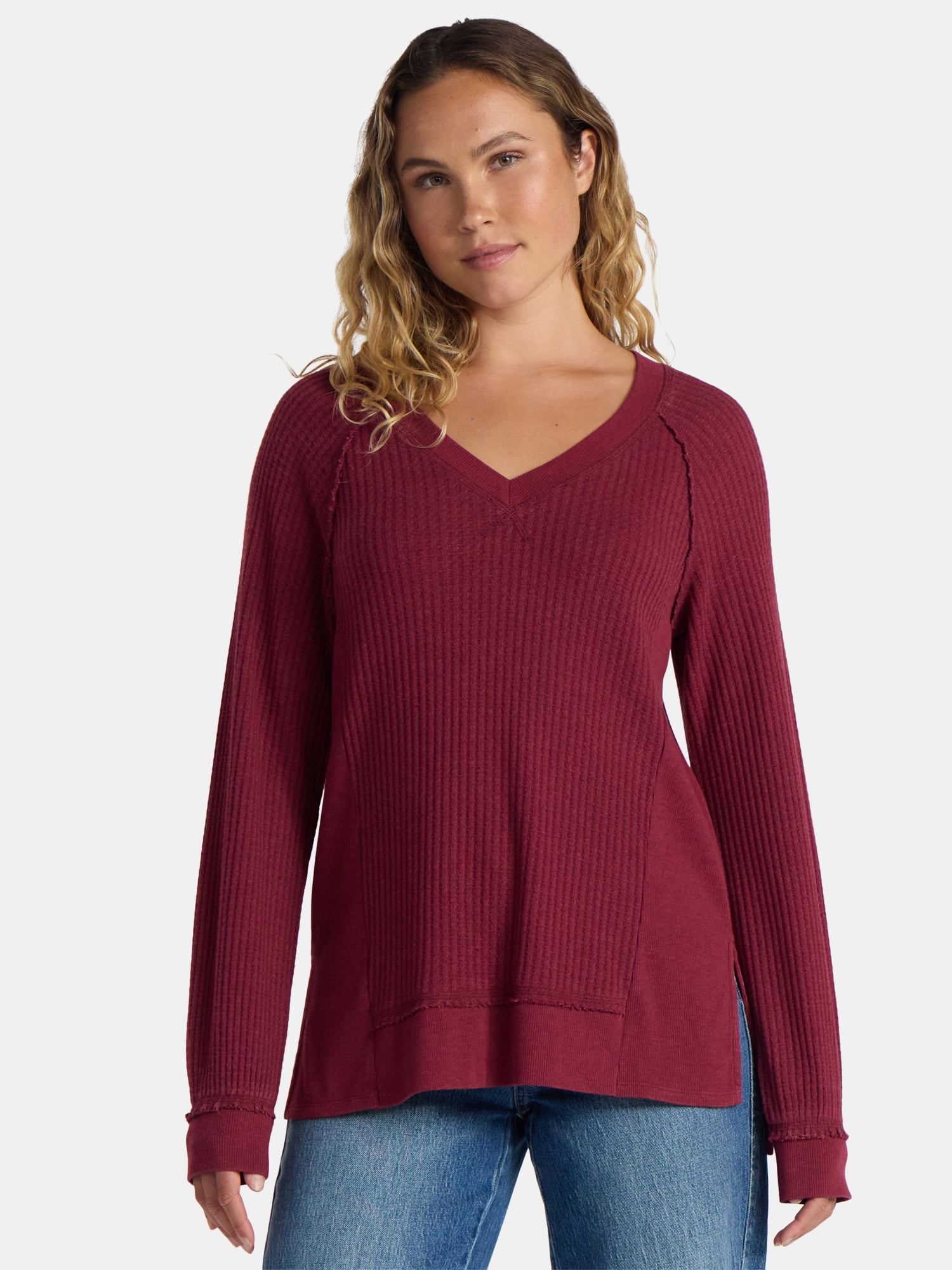 Time and Tru Women's and Women's Plus V Neck Tunic Sweatshirt with Long Sleeves, Sizes XS-4X