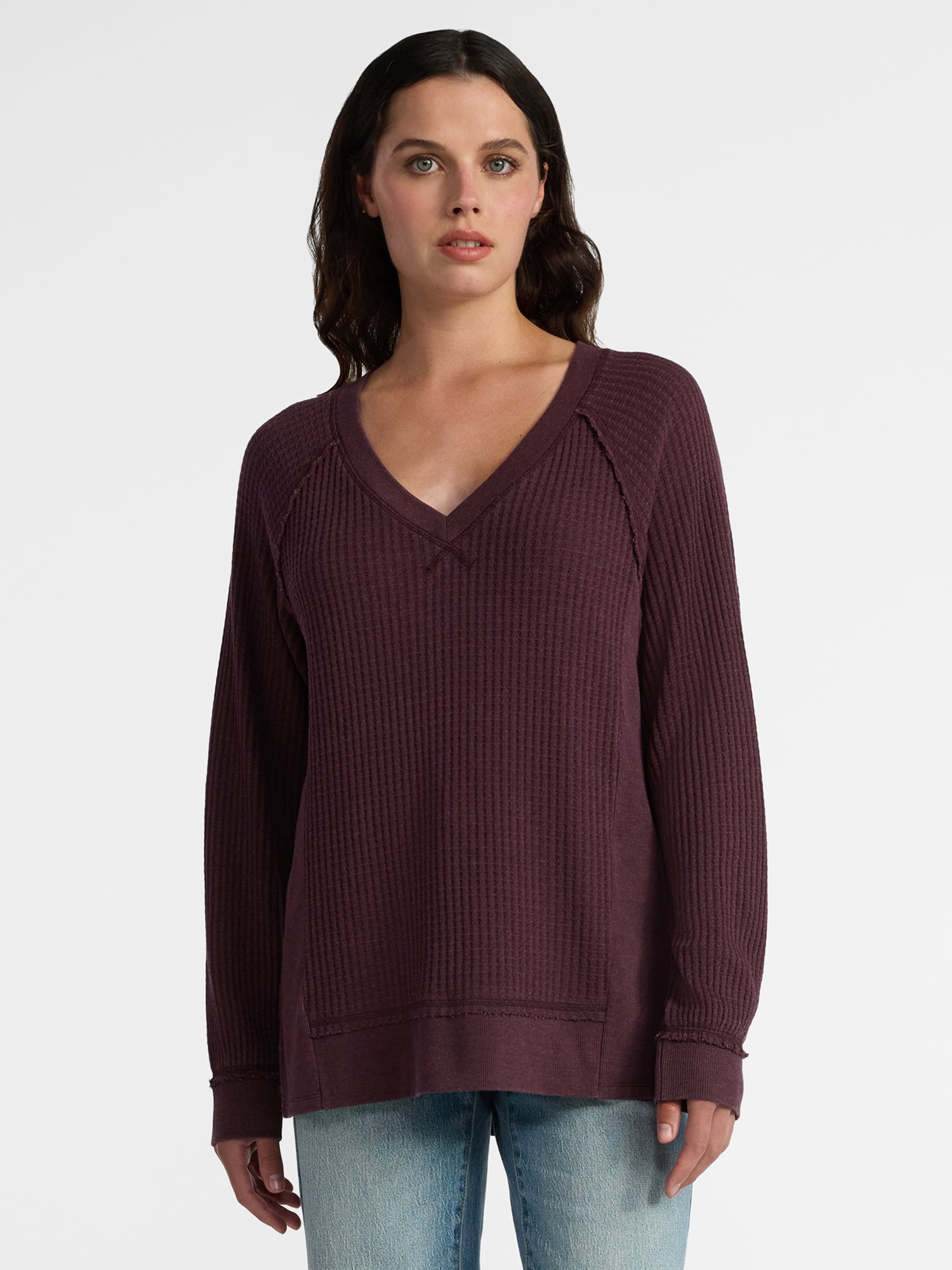 Time and Tru Women's Waffle Knit Tunic V-Neck Sweatshirt with Long Sleeves, Sizes XS-3XL