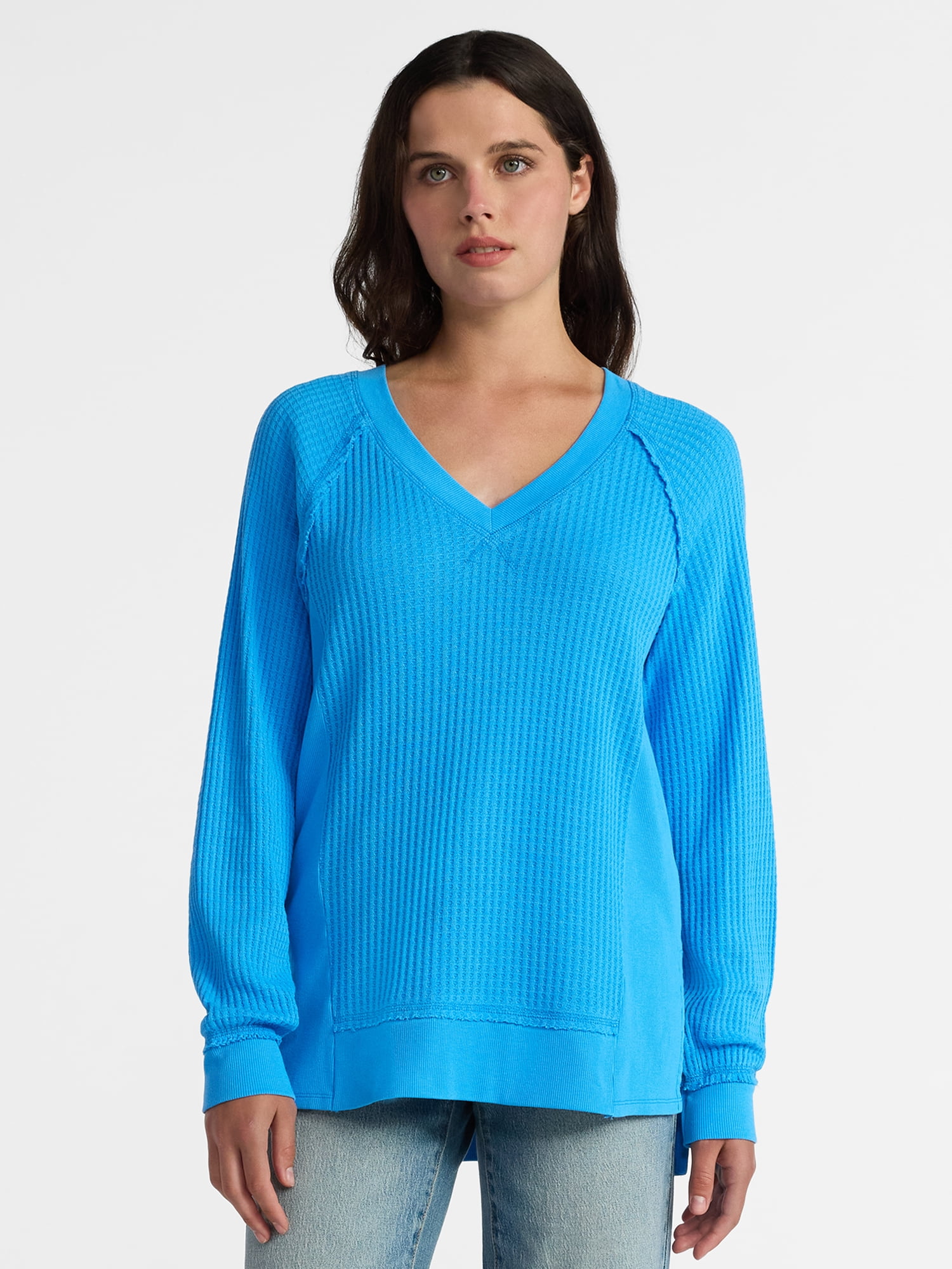 Time and Tru Women's Waffle Knit Tunic V-Neck Sweatshirt with Long Sleeves, Sizes XS-3XL
