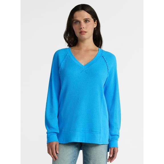 Time and Tru Women's Waffle Knit Tunic V-Neck Sweatshirt with Long Sleeves, Sizes XS-3XL